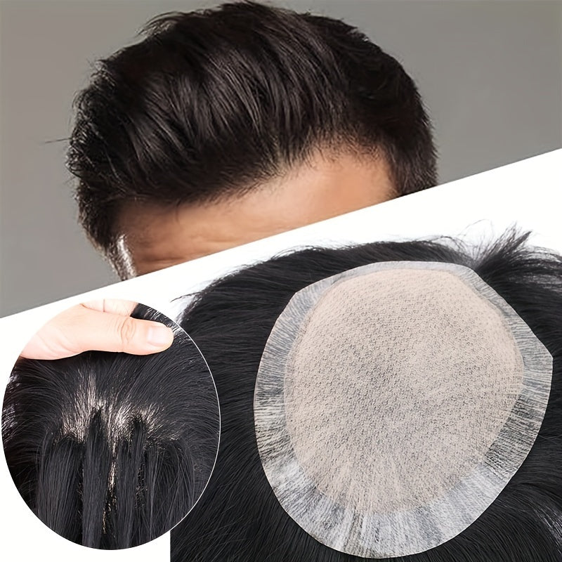 Men's Invisible Hair Topper - Real Human Hair, Straight, Business Style, Full Coverage for All Hair Types