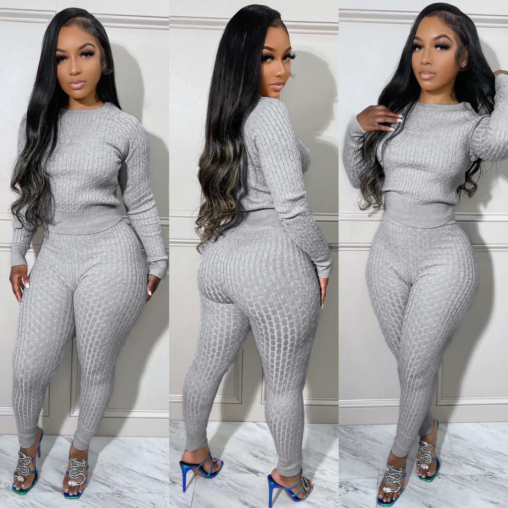 Women's Fashion Casual Solid Color Slim Sweater Two Piece Set