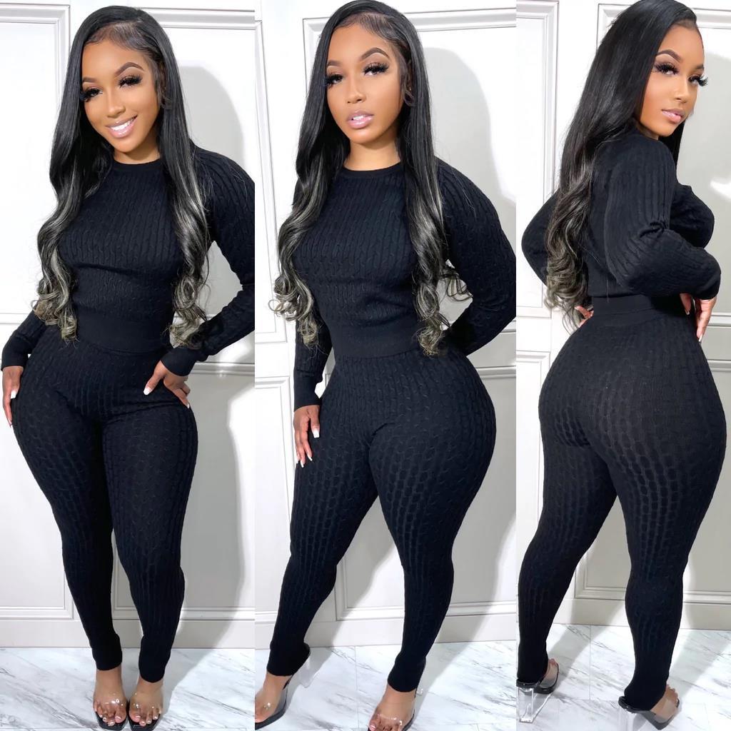 Women's Fashion Casual Solid Color Slim Sweater Two Piece Set