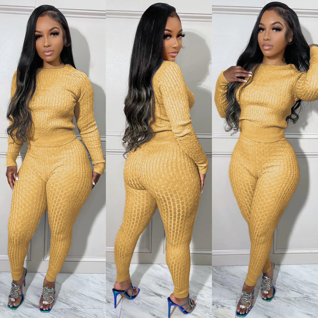Women's Fashion Casual Solid Color Slim Sweater Two Piece Set