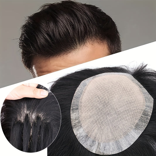 Men's Invisible Hair Topper - Real Human Hair, Straight, Business Style, Full Coverage for All Hair Types