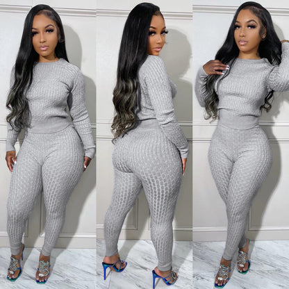 Women's Fashion Casual Solid Color Slim Sweater Two Piece Set