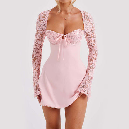 Y2K  Lace Long Sleeve Dress Fashion Sexy Corset Backless Lace Up Short Dresses Womens Clothing